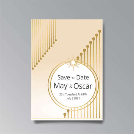 Art Deco, Art Nuevo wedding invitation, golden white luxury elegant retro style. Save the date poster, geometric greeting card invite. Modern abstract elements vector illustration design, menu, coverのイラスト素材