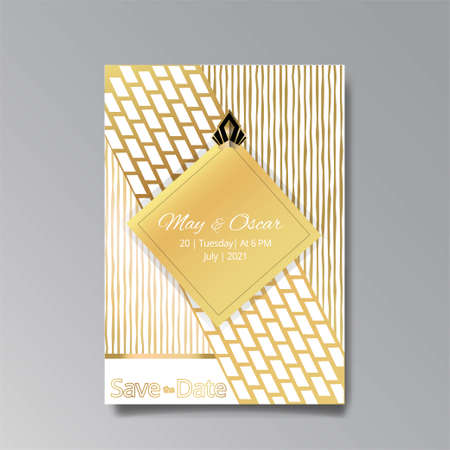 Art Deco, Art Nuevo wedding invitation, golden, white light beige luxury elegant retro style. Save the date poster, geometric greeting card invite. Modern abstract vector illustration design, menuのイラスト素材