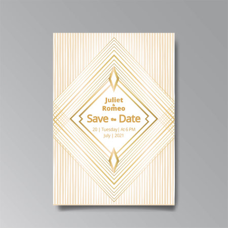Art Deco, Art Nuevo wedding invitation, golden white luxury elegant retro style. Save the date poster, geometric greeting card invite. Modern abstract elements vector illustration design, menu, coverのイラスト素材