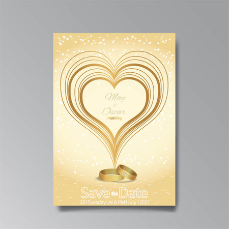 Art Deco with wedding rings invitation, golden, white light beige luxury elegant retro style. Save the date poster, geometric greeting card invite. Modern abstract vector illustration design and bokehのイラスト素材
