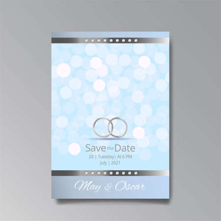 Art Deco with wedding rings invitation, silver and blue luxury elegant retro style. Save the date poster, geometric greeting card invite. Modern abstract vector illustration design and bokehのイラスト素材