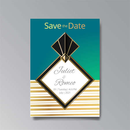 Art Deco with wedding rings invitation, golden, white light beige luxury elegant retro style. Save the date poster, geometric greeting card invite. Modern abstract vector illustration design and bokehのイラスト素材