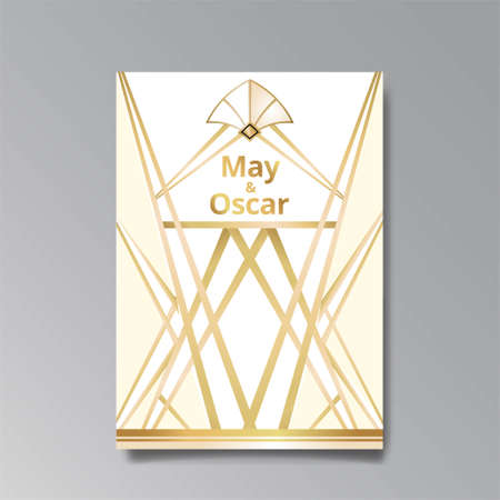 Art Deco, Art Nuevo wedding invitation, golden, white light beige luxury elegant retro style. Save the date poster, geometric greeting card invite. Modern abstract vector illustration design, menuのイラスト素材