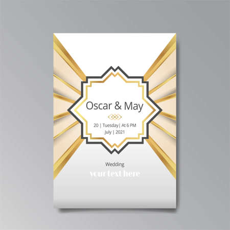 Art Deco, Art Nuevo wedding invitation, golden white luxury elegant retro style. Save the date poster, geometric greeting card invite. Modern abstract elements vector illustration design, menu, coverのイラスト素材