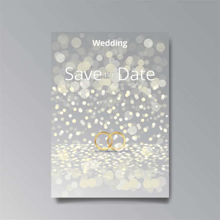 Art Deco with wedding rings invitation, golden, white light beige luxury elegant retro style. Save the date poster, geometric greeting card invite. Modern abstract vector illustration design and bokehのイラスト素材