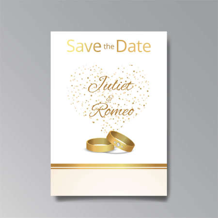 Art Deco with wedding rings invitation, golden, white light beige luxury elegant retro style. Save the date poster, geometric greeting card invite. Modern abstract vector illustration design and bokehのイラスト素材