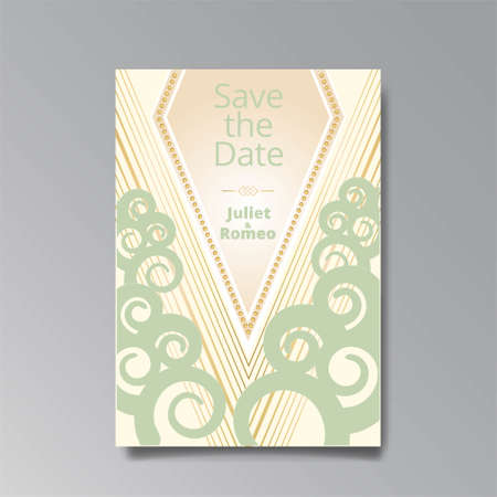 Art Deco, Art Nuevo wedding invitation, golden white luxury elegant retro style. Save the date poster, geometric greeting card invite. Modern abstract elements vector illustration design, menu, coverのイラスト素材