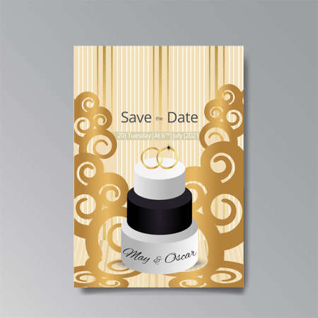 Art Deco, Art Nuevo wedding invitation, golden, with wedding cake luxury elegant retro style. Save the date poster, geometric greeting card invite. Modern abstract vector illustration design, menuのイラスト素材