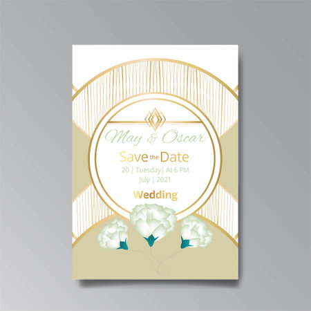 Art Deco, Art Nuevo wedding invitation, golden white luxury elegant retro style. Save the date poster, geometric greeting card invite. Modern abstract elements vector illustration design, menu, coverのイラスト素材