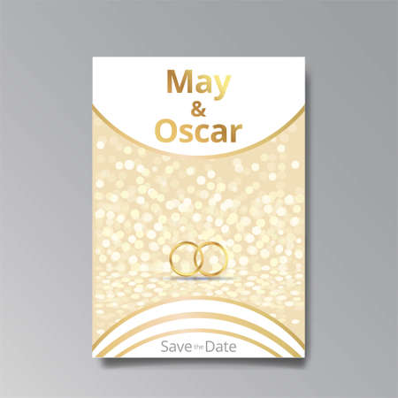 Art Deco with wedding rings invitation, golden, white light beige luxury elegant retro style. Save the date poster, geometric greeting card invite. Modern abstract vector illustration design and bokehのイラスト素材