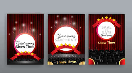 Show time, Cinema and Theater hall with seats red velvet curtains. Shining light bulbs vintage and luxury festival flyer templates, golden realistic vector, music glowing vintage poster designのイラスト素材