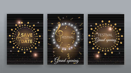 Show time, Cinema and Theater hall with seats black velvet curtains. Shining light bulbs vintage and luxury festival flyer templates, golden realistic vector, music glowing vintage poster designのイラスト素材