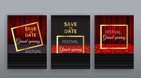 Show time, Cinema and Theater hall with seats red velvet curtains. Shining light bulbs vintage and luxury festival flyer templates, golden realistic vector, music glowing vintage poster designのイラスト素材