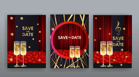 Show time, Cinema and Theater hall with seats red velvet curtains. Shining light bulbs vintage and luxury festival flyer templates, golden realistic vector, music glowing vintage poster designのイラスト素材