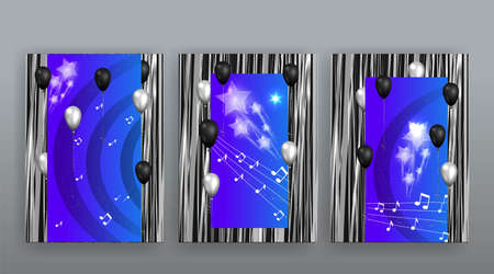 Show time, Cinema and Theater hall with seats violet blue velvet curtains. Shining light bulbs vintage and luxury festival flyer templates, golden realistic vector, music glowing vintage poster designのイラスト素材