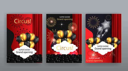 Show time, Cinema and Theater hall with seats red velvet curtains. Shining light bulbs vintage and luxury festival flyer templates, golden realistic vector, music glowing vintage poster designのイラスト素材