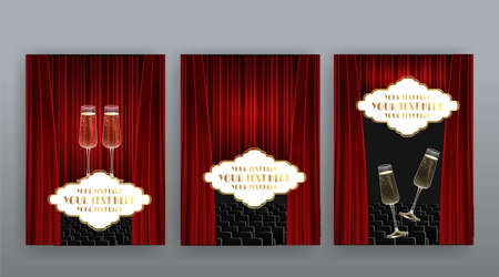 Music Festival night show poster, Cinema and Theater hall with seats velvet curtains. Shining light bulbs vintage and luxury flyer, glowing spotlights vintage design golden realistic vectorのイラスト素材