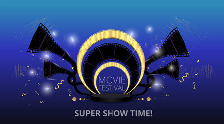 Cinema and film Theater hall, movie presentation and competition velvet curtains. Shining light bulbs vintage and luxury festival flyer, golden realistic, music glowing vintage poster design vectorのイラスト素材