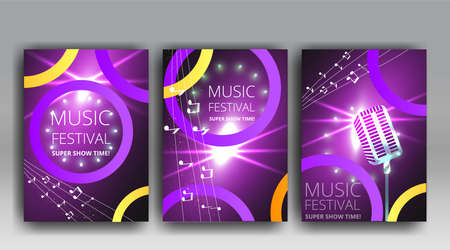 Music Festival night show poster, Cinema and Theater hall with seats velvet curtains. Shining light bulbs vintage and luxury flyer, glowing spotlights vintage design golden realistic vectorのイラスト素材
