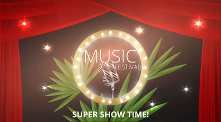 Music Festival night show poster, Cinema and Theater hall with seats velvet curtains. Shining light bulbs vintage and luxury flyer, glowing spotlights vintage design golden realistic vectorのイラスト素材
