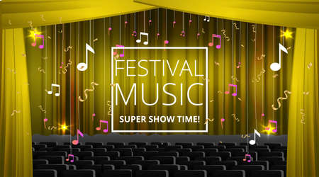 Music Festival night show poster, Cinema and Theater hall with seats velvet curtains. Shining light bulbs vintage and luxury flyer, glowing spotlights vintage design golden realistic vectorのイラスト素材
