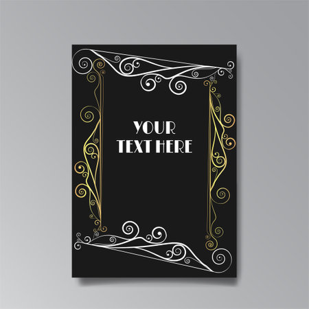 Art Nuevo template golden-black white, A4 page, card, invitation, floral lines and swirls ornament in a romantic style, beautiful background, luxury invite. Wedding foliage swirl fのイラスト素材