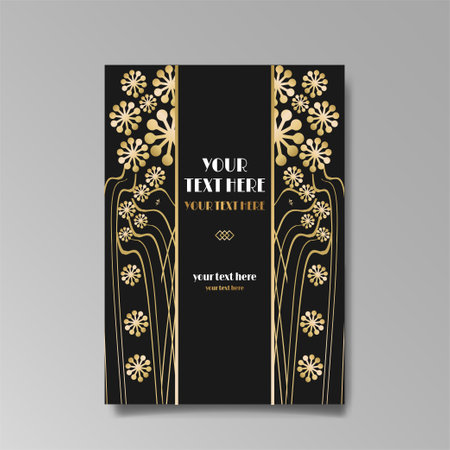 Art Nuevo luxury template golden-black, A4 page, menu, card, invitation, lines flowers and city lights a Modern, Art Novo / Deco style, Romantic floral motive, elegant geometric beautiful backgroundのイラスト素材