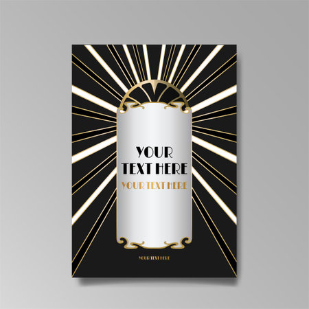 Art Nuevo luxury template golden-black, A4 page, menu, card, invitation, lines flowers and city lights a Modern, Art Novo / Deco style, Romantic floral motive, elegant geometric beautiful backgroundのイラスト素材