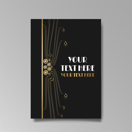 Art Nuevo luxury template golden-black, A4 page, menu, card, invitation, lines flowers and city lights a Modern, Art Novo / Deco style, Romantic floral motive, elegant geometric beautiful backgroundのイラスト素材