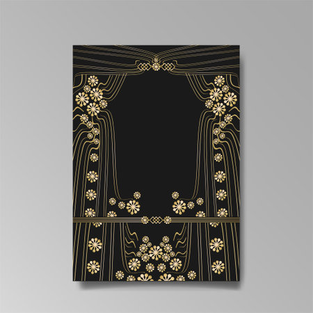 Art Nuevo luxury template golden-black, A4 page, menu, card, invitation, lines flowers and city lights a Modern, Art Novo / Deco style, Romantic floral motive, elegant geometric beautiful backgroundのイラスト素材