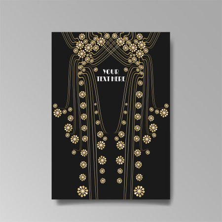 Art Nuevo luxury template golden-black, A4 page, menu, card, invitation, lines flowers and city lights a Modern, Art Novo / Deco style, Romantic floral motive, elegant geometric beautiful backgroundのイラスト素材