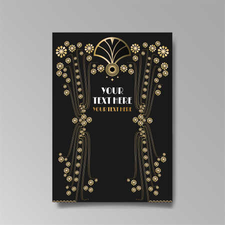 Art Nuevo luxury template golden-black, A4 page, menu, card, invitation, lines flowers and city lights a Modern, Art Novo / Deco style, Romantic floral motive, elegant geometric beautiful backgroundのイラスト素材
