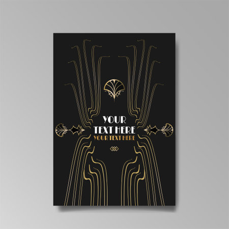 Art Nuevo luxury template golden-black, A4 page, menu, card, invitation, lines flowers and city lights a Modern, Art Novo / Deco style, Romantic floral motive, elegant geometric beautiful backgroundのイラスト素材