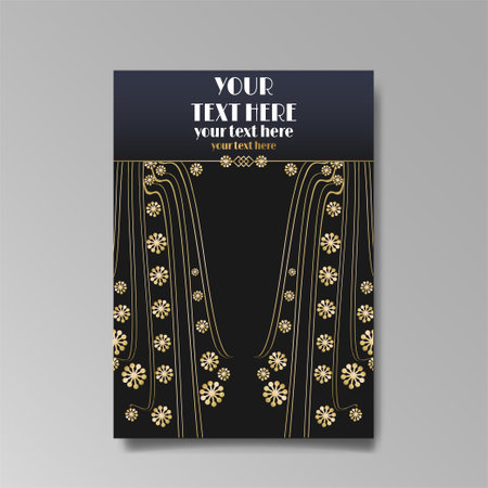Art Nuevo luxury template golden-black, A4 page, menu, card, invitation, lines flowers and city lights a Modern, Art Novo / Deco style, Romantic floral motive, elegant geometric beautiful backgroundのイラスト素材