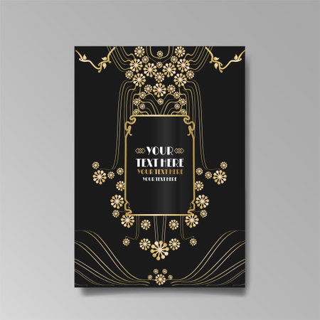 Art Nuevo luxury template golden-black, A4 page, menu, card, invitation, lines flowers and city lights a Modern, Art Novo / Deco style, Romantic floral motive, elegant geometric beautiful backgroundのイラスト素材