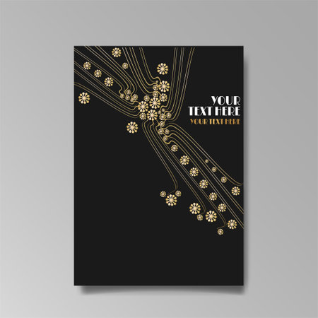 Art Nuevo luxury template golden-black, A4 page, menu, card, invitation, lines flowers and city lights a Modern, Art Novo / Deco style, Romantic floral motive, elegant geometric beautiful backgroundのイラスト素材