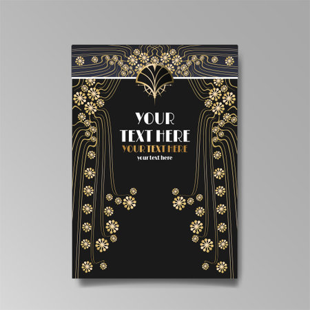 Art Nuevo luxury template golden-black, A4 page, menu, card, invitation, lines flowers and city lights a Modern, Art Novo / Deco style, Romantic floral motive, elegant geometric beautiful backgroundのイラスト素材
