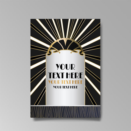 Art Nuevo luxury template golden-black, A4 page, menu, card, invitation, lines flowers and city lights a Modern, Art Novo / Deco style, Romantic floral motive, elegant geometric beautiful backgroundのイラスト素材