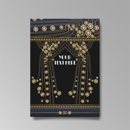 Art Nuevo luxury template golden-black, A4 page, menu, card, invitation, lines flowers and city lights a Modern, Art Novo / Deco style, Romantic floral motive, elegant geometric beautiful backgroundのイラスト素材