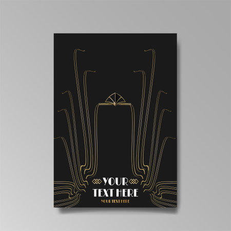 Art Nuevo luxury template golden-black, A4 page, menu, card, invitation, lines flowers and city lights a Modern, Art Novo / Deco style, Romantic floral motive, elegant geometric beautiful backgroundのイラスト素材