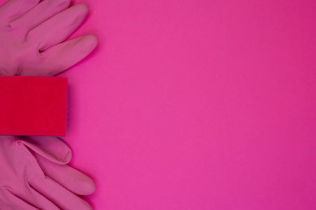 ?leaning accessories in pink color. Cleaning service, small business idea. Flat lay, Top view.