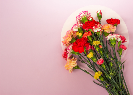 Bouquet of carnations on a pink background with a copy space. Mother's day greeting card.の写真素材
