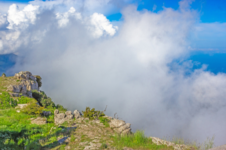 Colorful summer landscape in the mountains, under a blue sky with white cloudsの写真素材