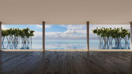 Sea view of swimming pool deck with plam tree & sunlight. 3D illustrationの写真素材