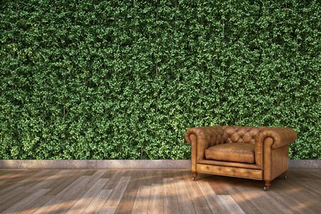 Classic sofar on wood deck in the garden. 3D Rendering