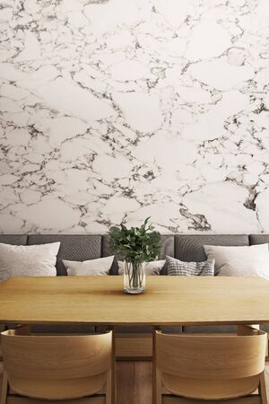 Wooden dining table and seating with marble wall background. 3D illustrator