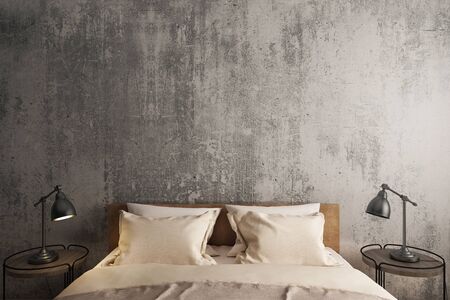 Bedroom loft interior style,Bed and side table with gray cement wall background. 3D illustrationの写真素材