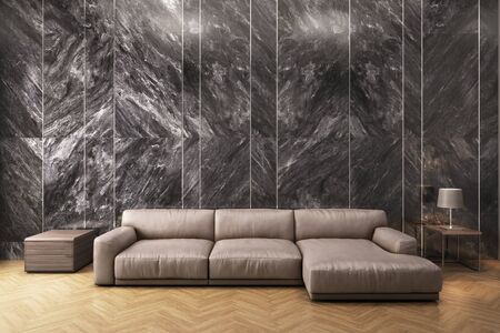 Contemporary living room sofa ,side desk ,lamp and carpet with black marble wall background. 3D...