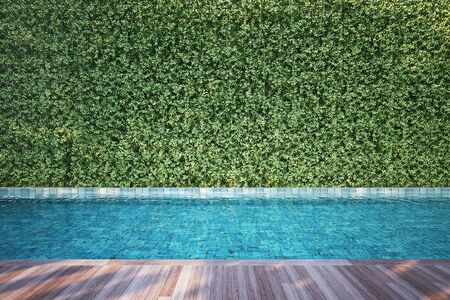 Swimming pool with wooden deck and bush fence background . 3D illustrationの写真素材