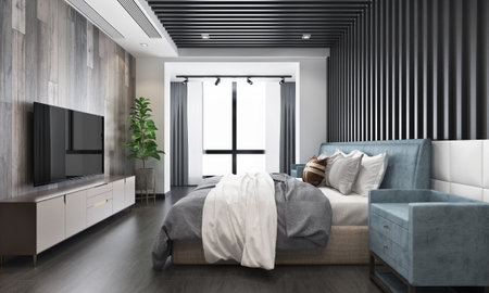 Interior of modern bedroom with grey walls, wooden floor, comfortable king size bed and tv. 3d renderingの写真素材